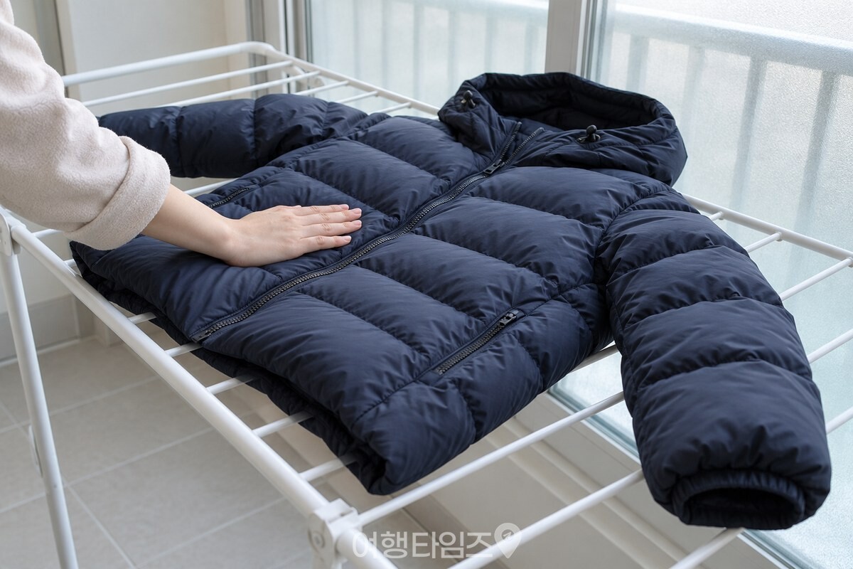 그늘진 베란다 건조대 위에서 모양을 잡은 패딩 / 기사 이해를 돕기 위한 생성형 이미지