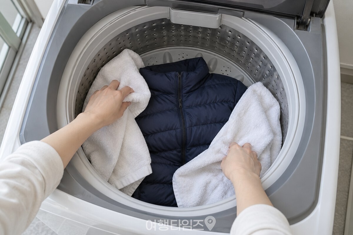 통 안 패딩 사이에 마른 수건을 고르게 넣는 손 / 기사 이해를 돕기 위한 생성형 이미지