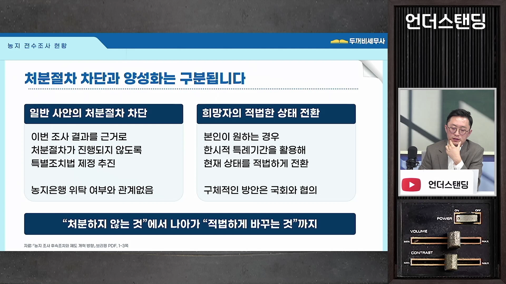 농지 전수조사 후속 조치와 제도 개혁 방향이 담긴 발표 자료 화면 옆에 안경을 쓴 남성이 진지한 표정으로 앉아 있는 모습.