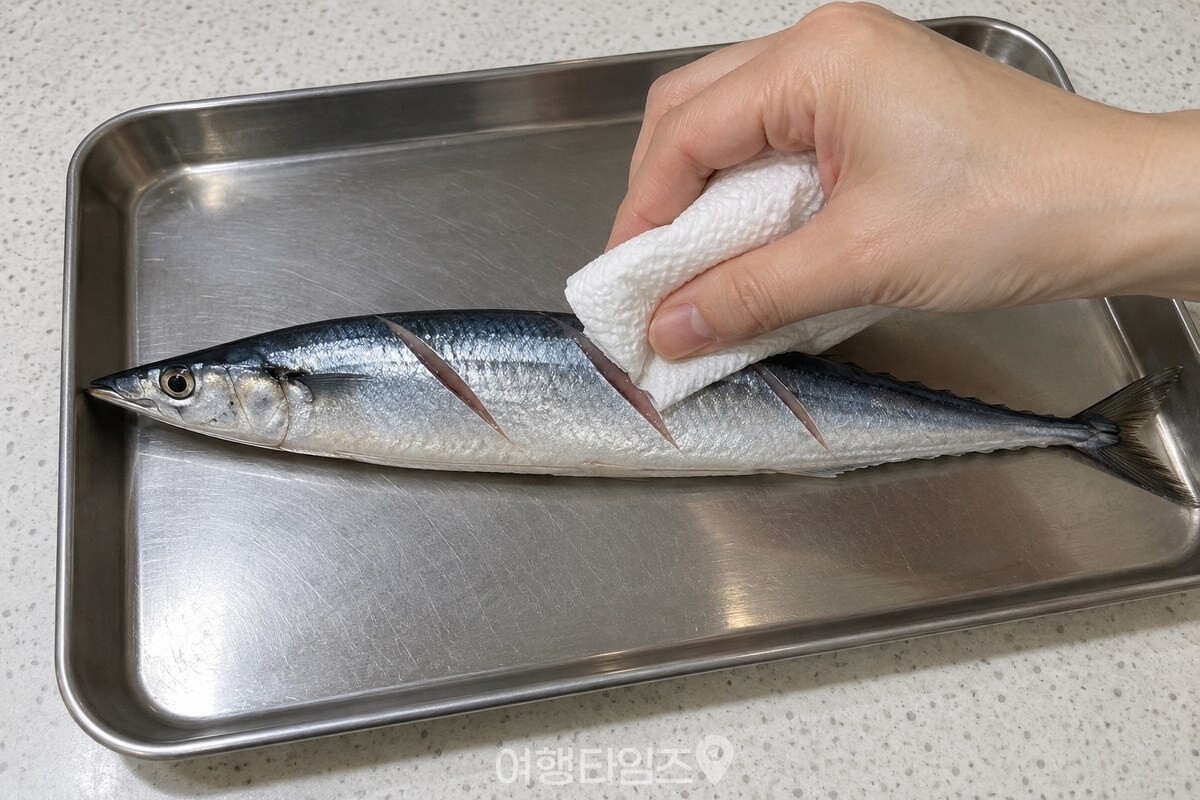 키친타월로 꽁치 칼집 안쪽을 닦는 손 / 기사 이해를 돕기 위한 생성형 이미지