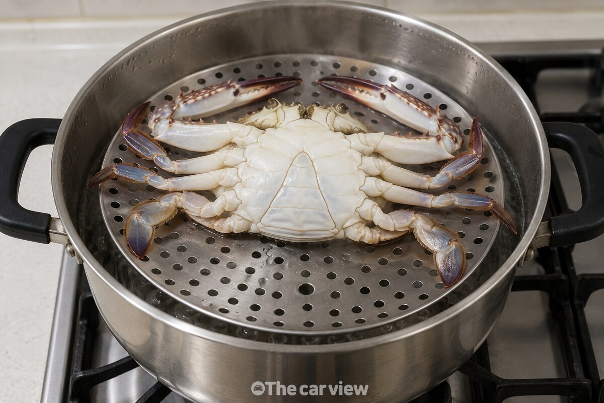 배가 위로 향하도록 찜 받침에 올린 꽃게 / 기사 이해를 돕기 위한 생성형 이미지