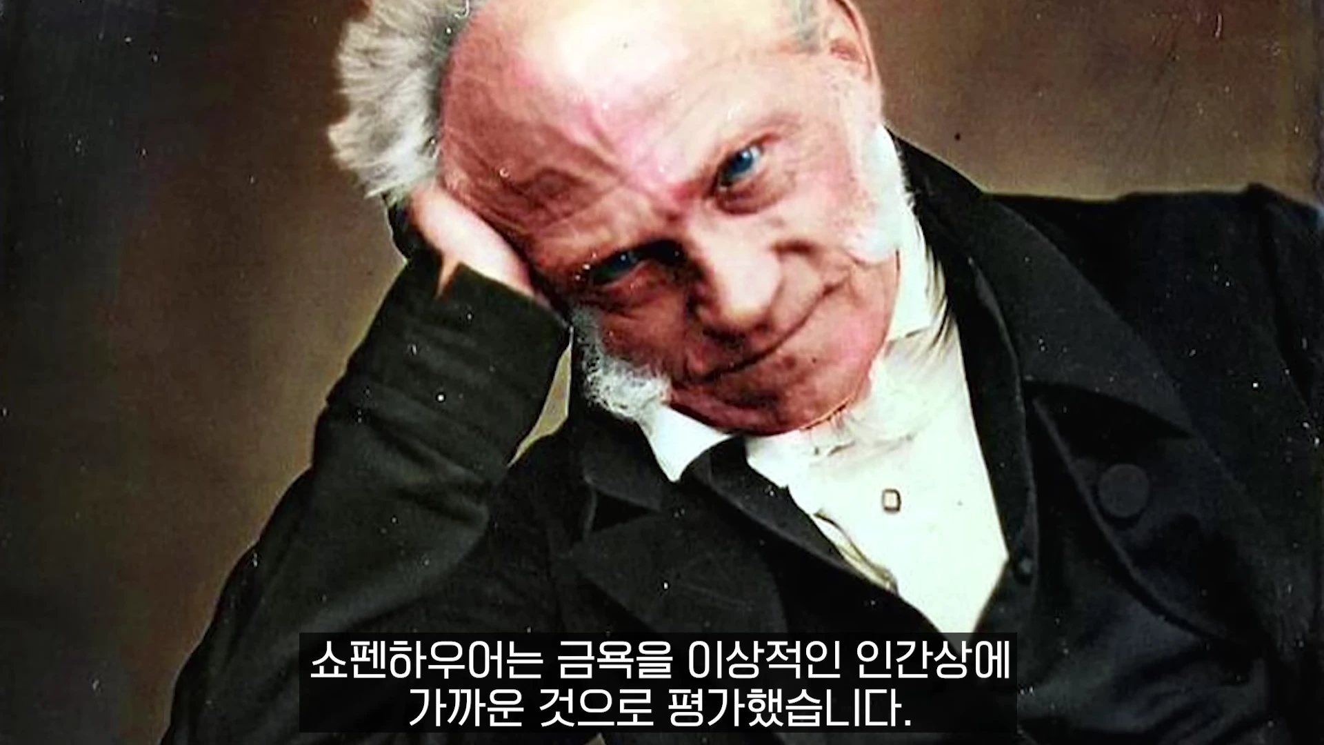 흰 머리와 턱수염을 한 중년 남성의 초상화 이미지 위로 '쇼펜하우어는 금욕을 이상적인 인간상에 가까운 것으로 평가했습니다.'라는 자막이 적혀 있습니다.