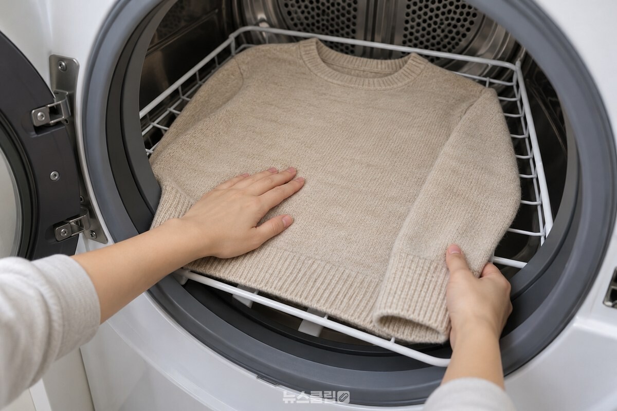 선반 위 니트의 소매와 몸판을 손바닥으로 펴는 모습 / 기사 이해를 돕기 위한 생성형 이미지