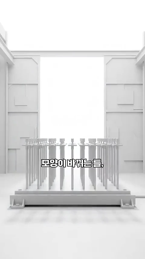 흰색 배경 중앙에 수많은 수직 막대가 촘촘하게 배열되어 있는 가변형 금속 프레임 장치.