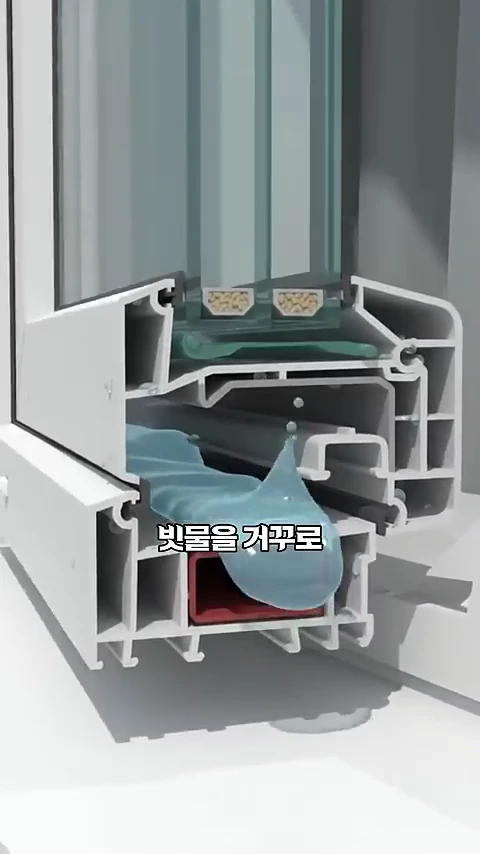 창호 프레임의 단면을 보여주는 3D 그래픽으로, 하단 레일에 고인 빗물이 바람에 의해 실내 방향으로 역류하는 모습을 시각화하고 있다.