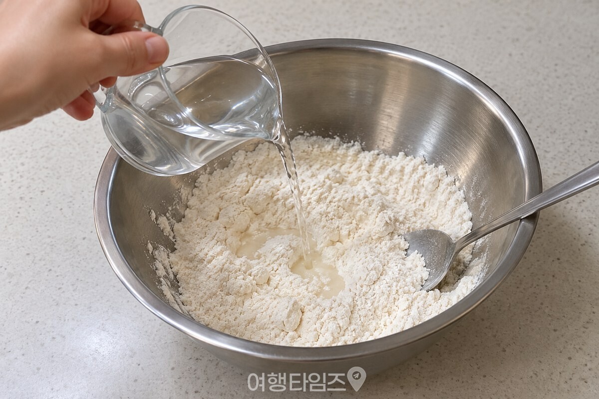 중력분과 소금을 섞은 볼에 따뜻한 물을 나눠 붓는 모습 / 기사 이해를 돕기 위한 생성형 이미지