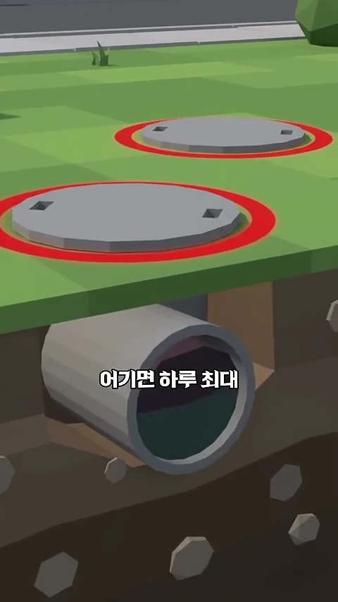 잔디밭 위 두 개의 맨홀과 그 아래 묻힌 파이프 구조를 보여주는 3D 그래픽 이미지