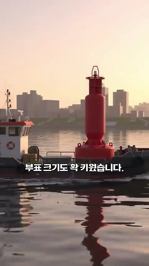 한강 위에 떠 있는 대형 빨간색 부표 옆으로 작업선이 지나가고 있으며, 화면 중앙에는 부표 크기를 키웠다는 내용의 한국어 자막이 적혀 있다.