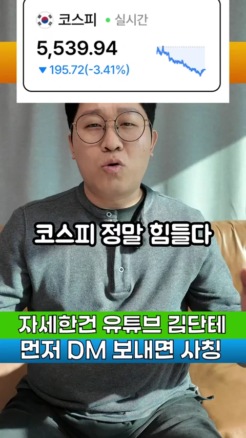 안경을 쓴 남성이 앉아 이야기하고 있고, 화면 상단에는 코스피 지수가 급락하는 그래프가 표시된 뉴스 그래픽