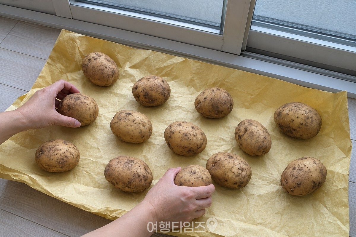 씻지 않은 감자를 속지 위에 한 겹으로 놓는 손 / 기사 이해를 돕기 위한 생성형 이미지