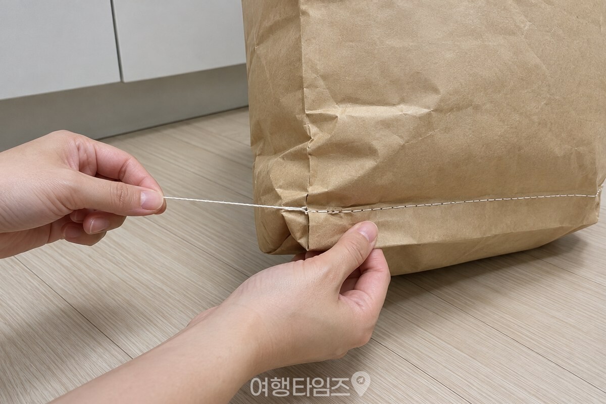 쌀포대 아래쪽 실밥을 당겨 박음질을 푸는 손 / 기사 이해를 돕기 위한 생성형 이미지