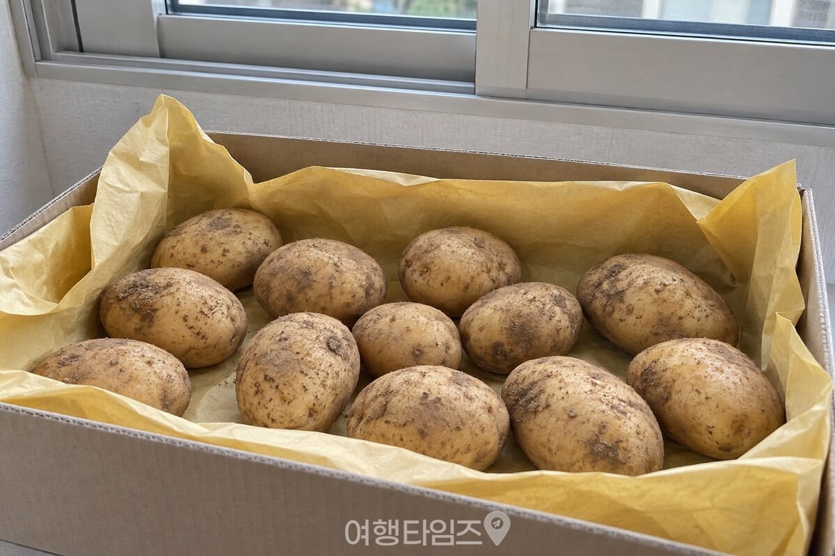 쌀포대 속지에 한 겹으로 싸 상자에 담은 감자 / 기사 이해를 돕기 위한 생성형 이미지
