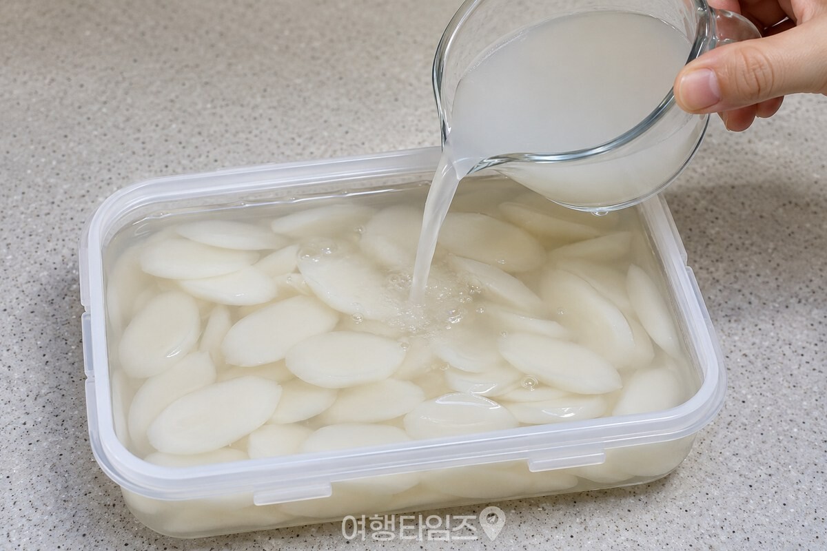 밀폐용기에 쌀뜨물을 부어 떡국떡을 잠기게 하는 손 / 기사 이해를 돕기 위한 생성형 이미지