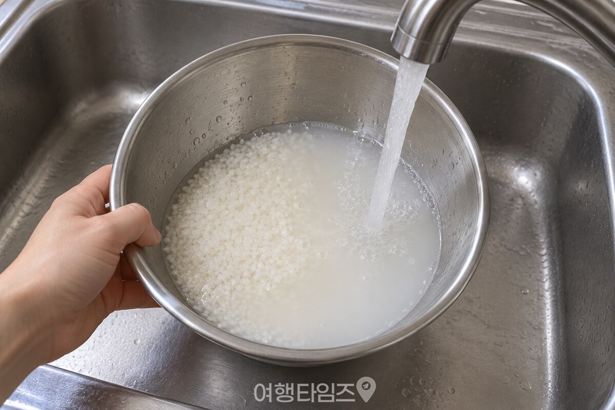 두 번째 쌀 씻은 물을 받는 스테인리스 볼 / 기사 이해를 돕기 위한 생성형 이미지
