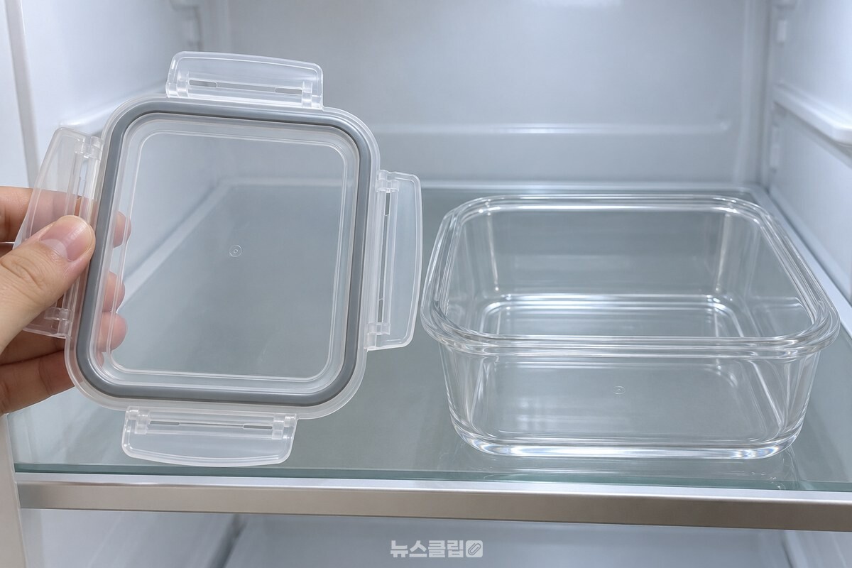 냉장고 선반 위에 놓인 뚜껑과 반찬통 / 기사 이해를 돕기 위한 생성형 이미지