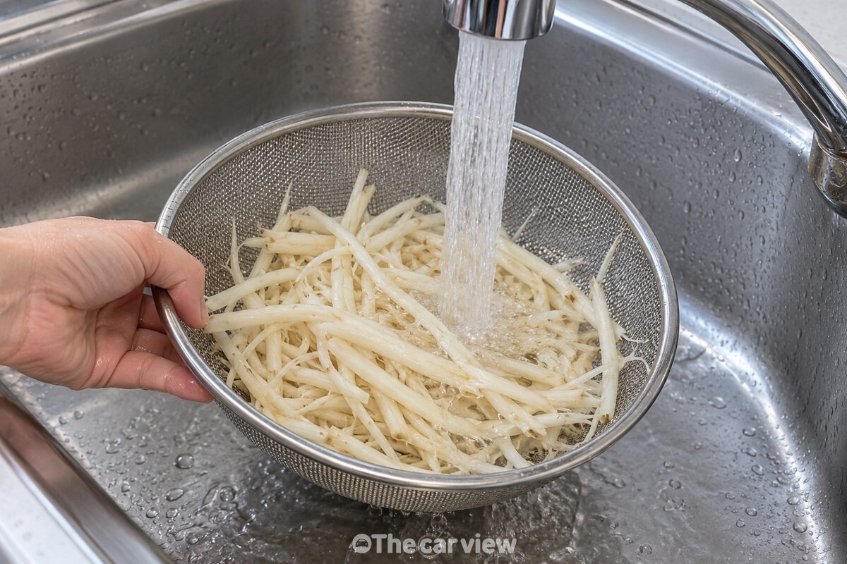 체에 밭친 도라지를 흐르는 물에 헹구는 모습 / 기사 이해를 돕기 위한 생성형 이미지
