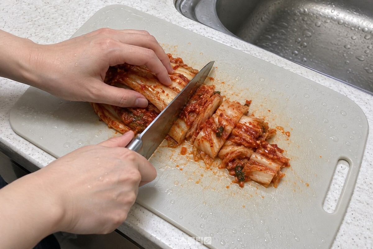 물방울이 얇게 맺힌 도마 위에서 김치를 써는 손 / 기사 이해를 돕기 위한 생성형 이미지