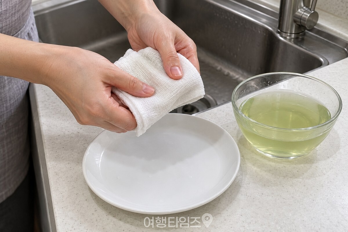 시금치 데친 물에 적셔 가볍게 짠 면 행주와 전자레인지용 접시 / 기사 이해를 돕기 위한 생성형 이미지