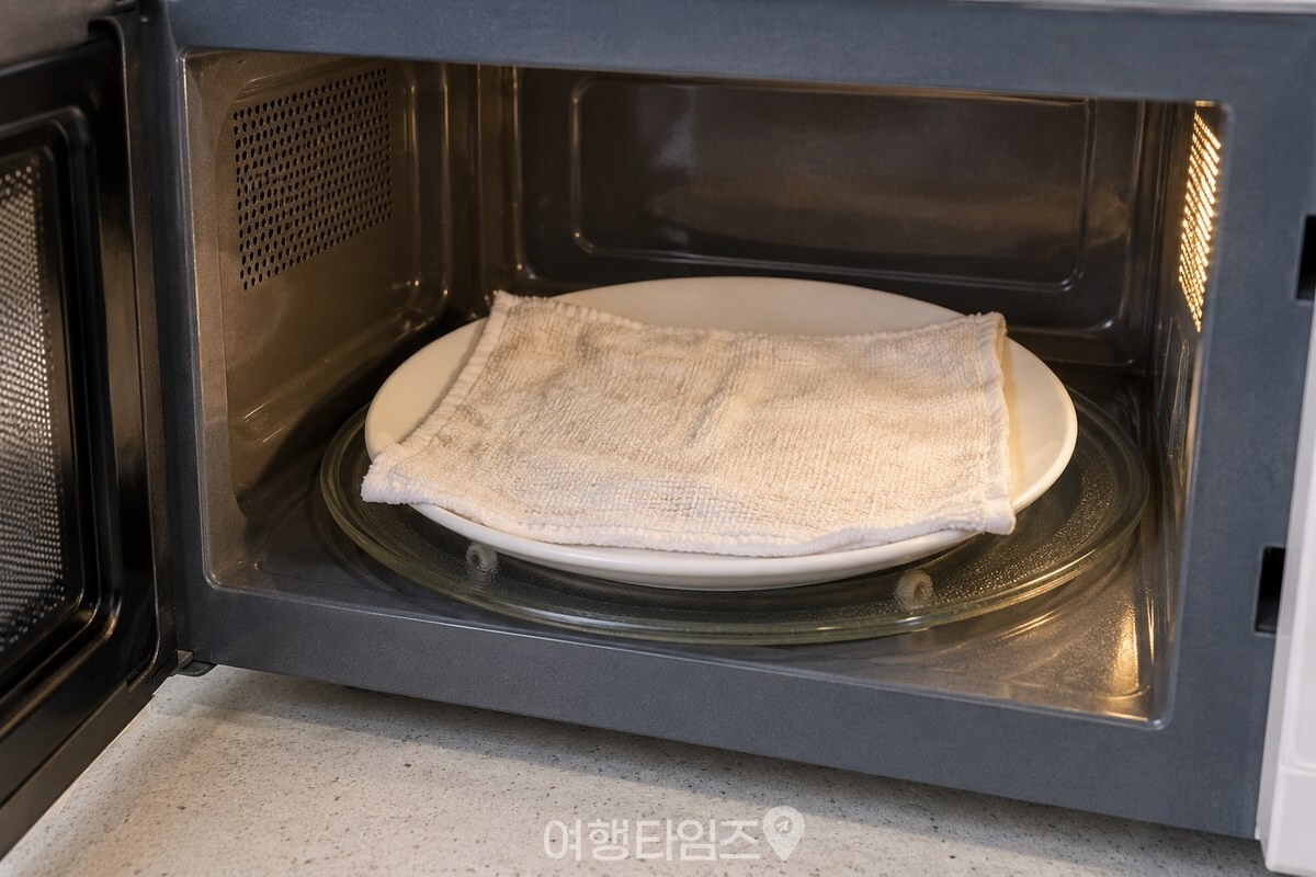 젖은 면 행주를 접시에 펼쳐 넣은 전자레인지 / 기사 이해를 돕기 위한 생성형 이미지