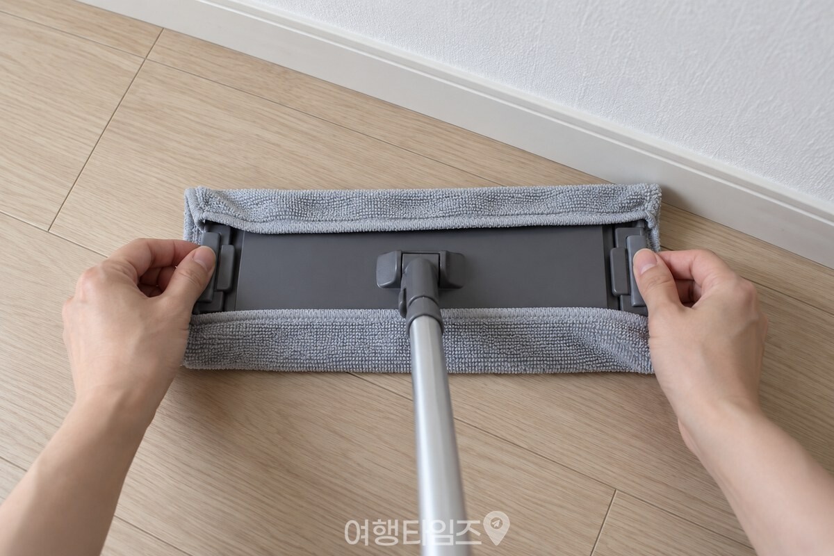 밀대 판에 마른 극세사 걸레를 고정 홈으로 끼우는 모습 / 기사 이해를 돕기 위한 생성형 이미지