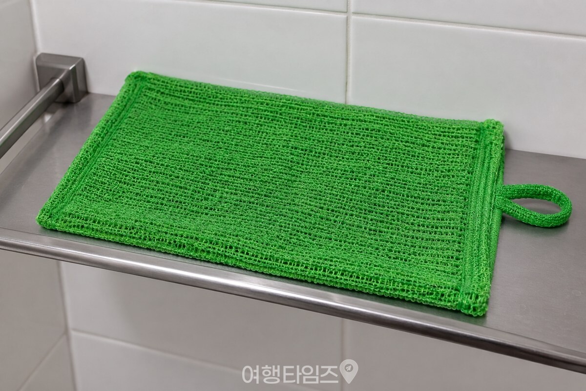 욕실 선반 위에 펼쳐 둔 초록색 때수건 / 기사 이해를 돕기 위한 생성형 이미지