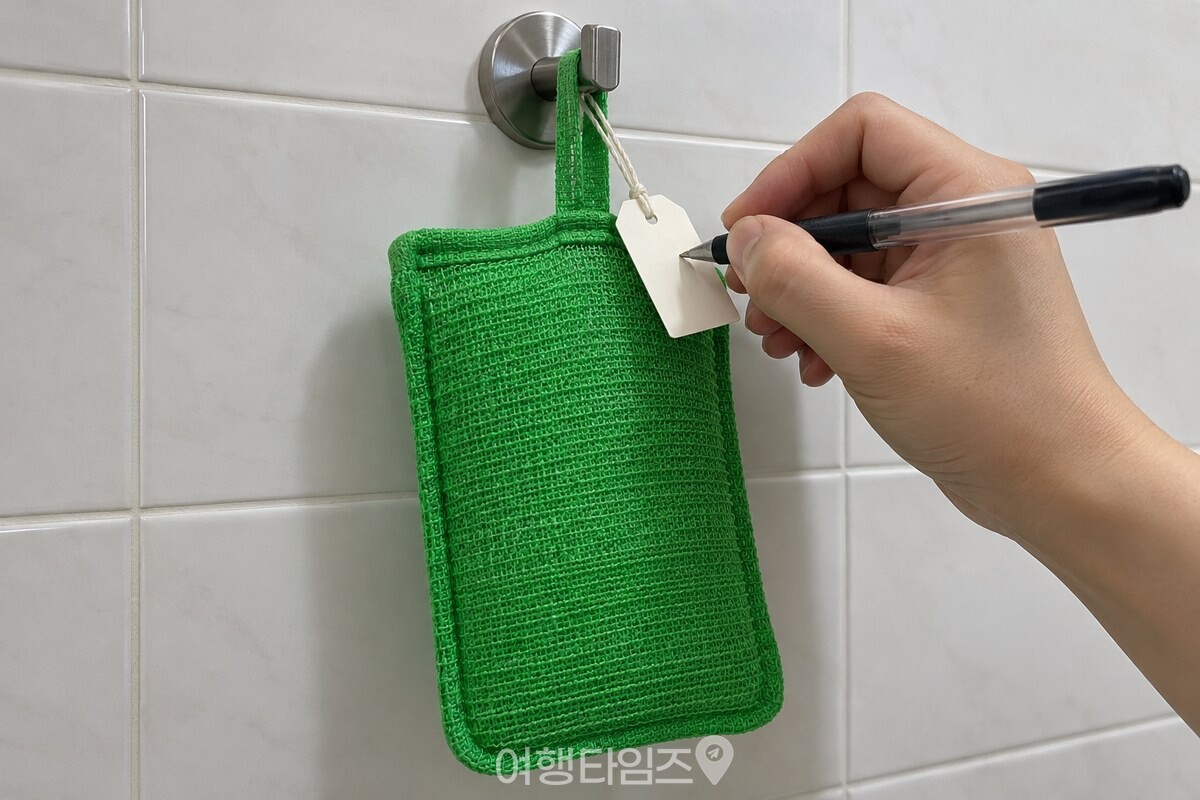 새 때수건의 고리에 교체 날짜를 적어 두는 모습 / 기사 이해를 돕기 위한 생성형 이미지