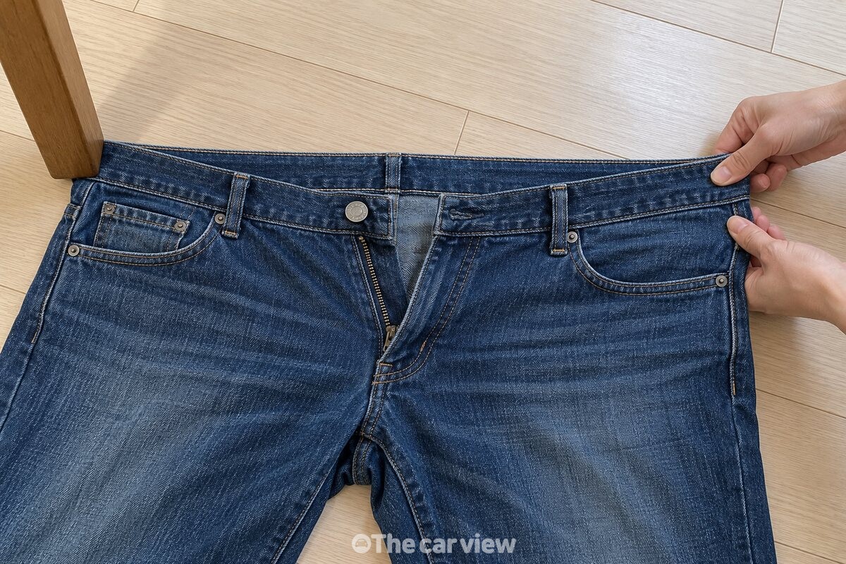 고정한 청바지 허리 원단을 자연스럽게 양손으로 바깥쪽으로 당기는 모습 / 기사 이해를 돕기 위한 생성형 이미지
