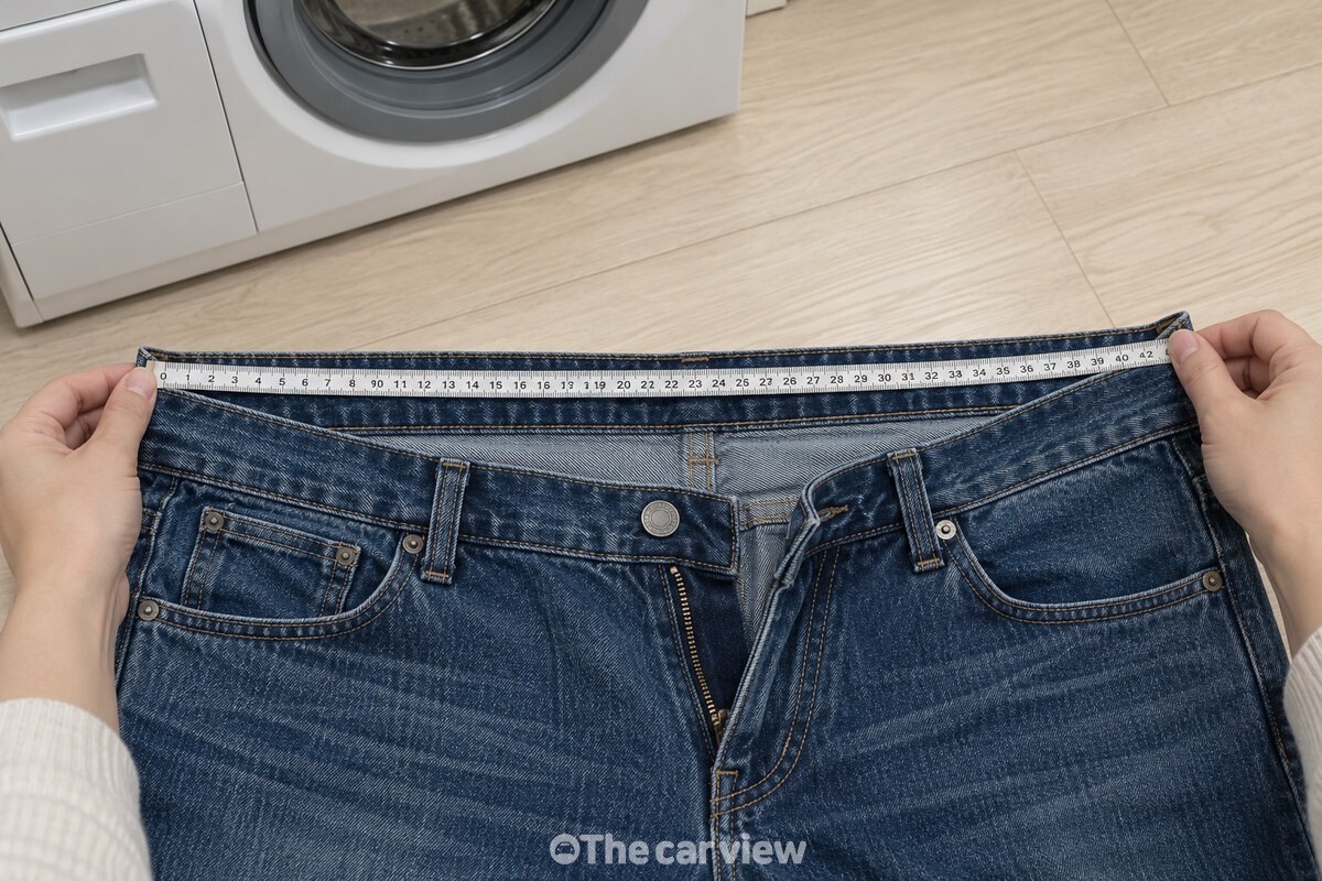 줄자로 허리 치수를 재는 청바지 / 기사 이해를 돕기 위한 생성형 이미지