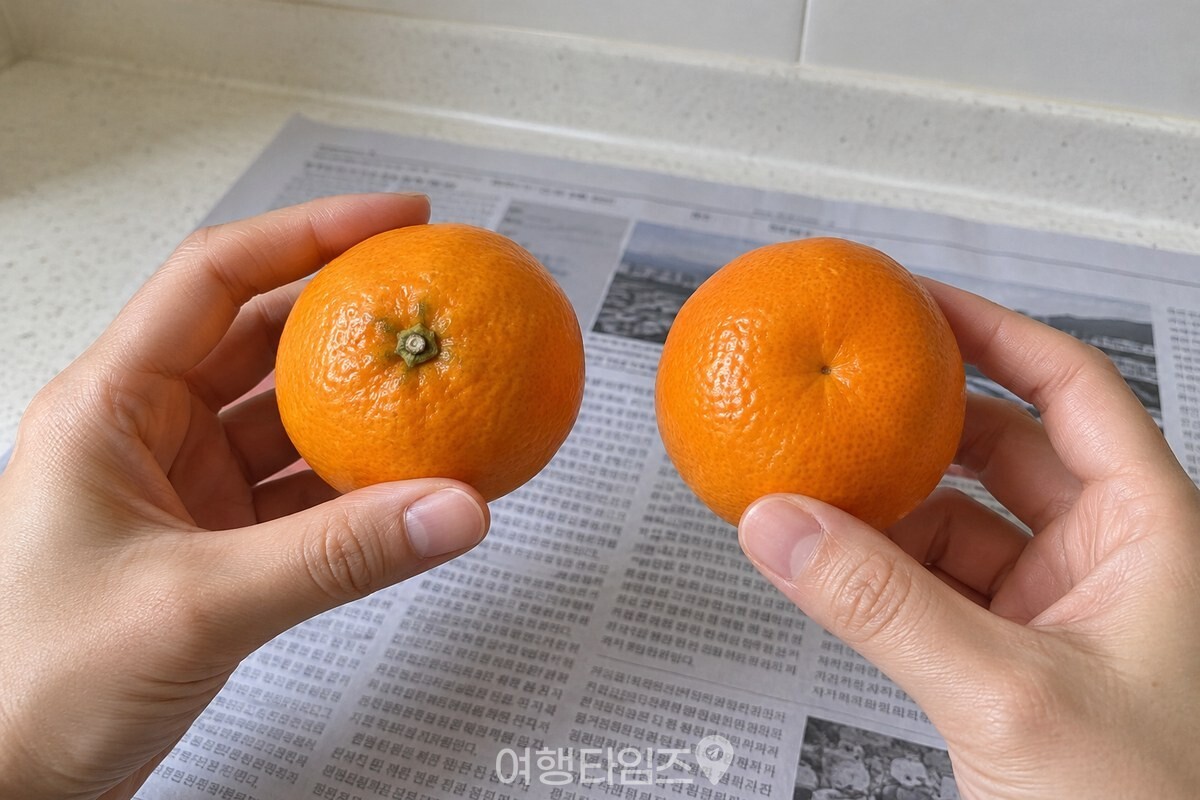 손에 든 귤의 단단한 꼭지 쪽과 둥근 배꼽 쪽 / 기사 이해를 돕기 위한 생성형 이미지