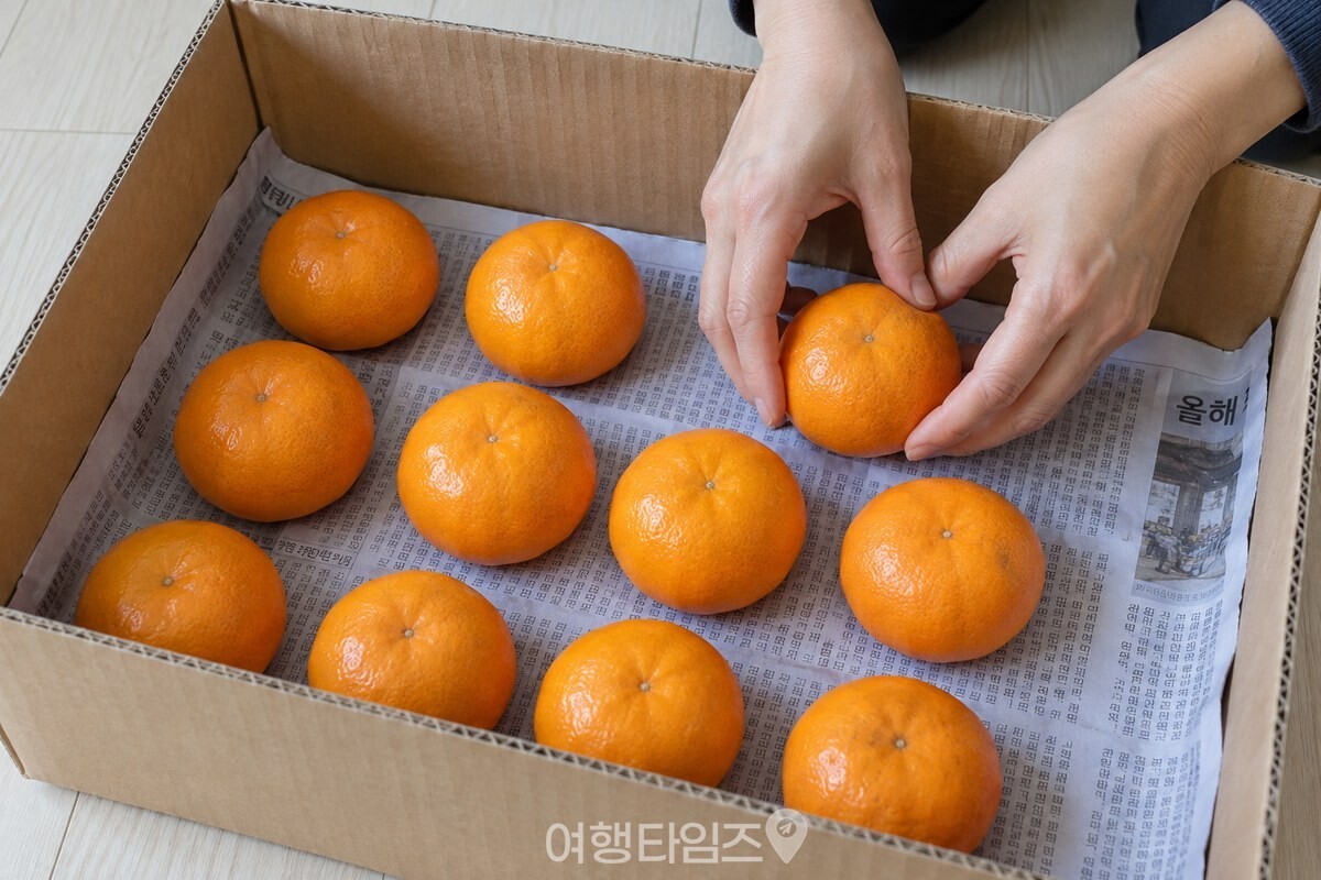 신문지 위에 꼭지를 아래로 향하게 한 층씩 놓는 귤 / 기사 이해를 돕기 위한 생성형 이미지