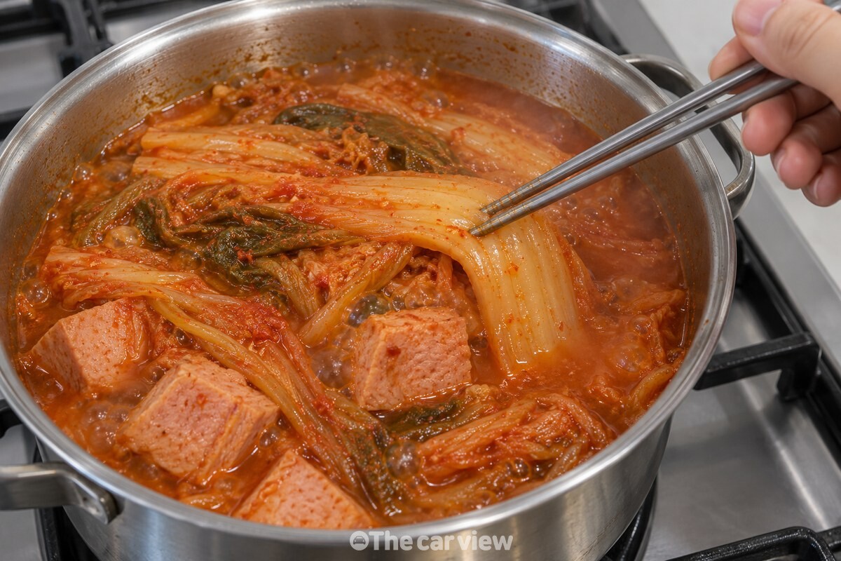 젓가락으로 부드럽게 익은 묵은지 밑동을 누르는 모습 / 기사 이해를 돕기 위한 생성형 이미지