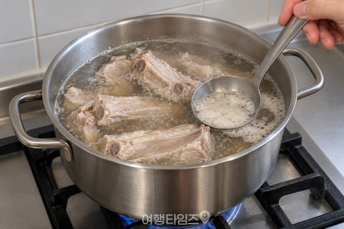 오렌지주스 물에서 등갈비 거품을 국자로 걷어 내는 모습 / 기사 이해를 돕기 위한 생성형 이미지
