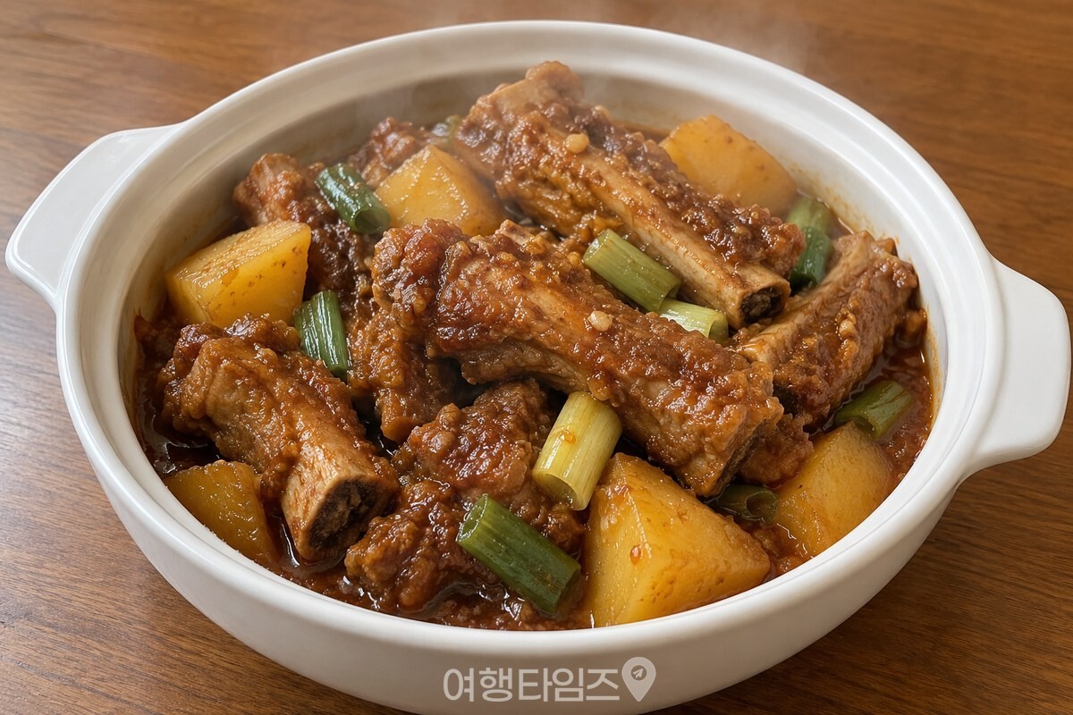 윤기 있게 완성된 등갈비찜이 담긴 흰 사기 냄비 / 기사 이해를 돕기 위한 생성형 이미지