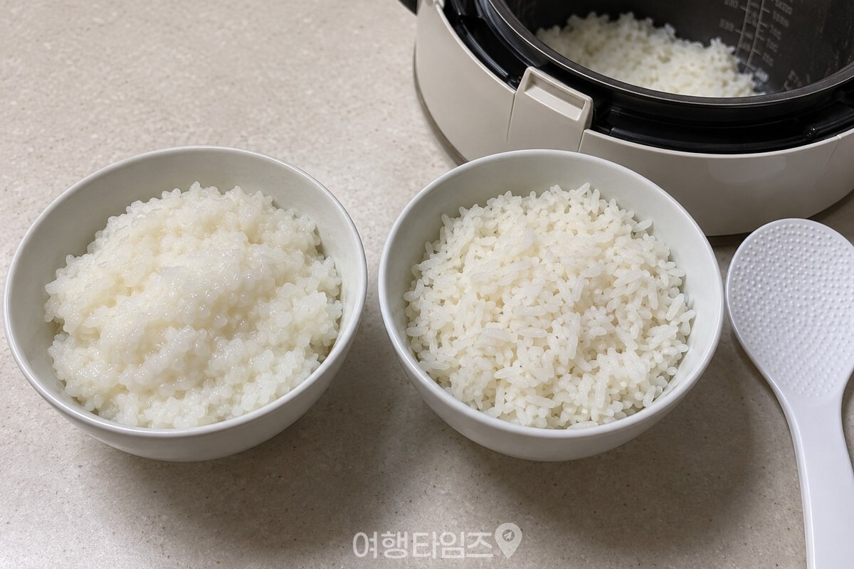 촉촉한 밥과 알알이 살아 있는 밥을 나눠 담은 두 공기 / 기사 이해를 돕기 위한 생성형 이미지