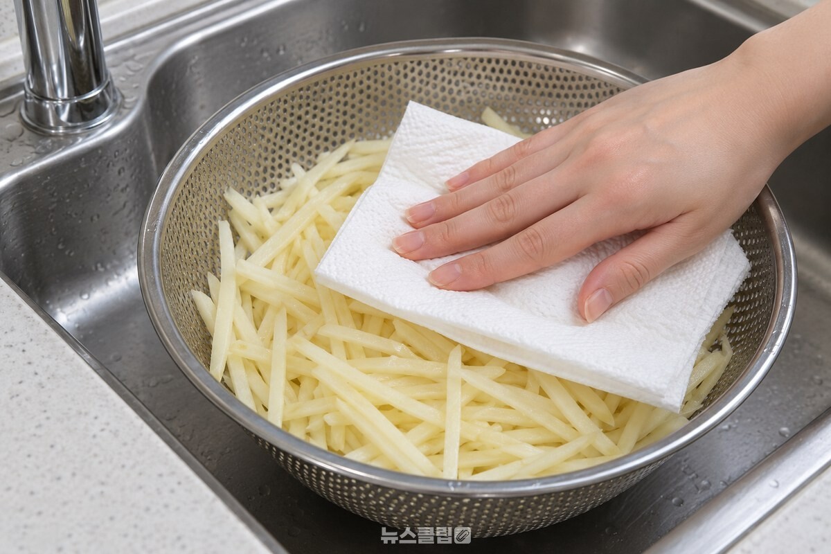 키친타월로 물기를 눌러 닦은 감자채 / 기사 이해를 돕기 위한 생성형 이미지