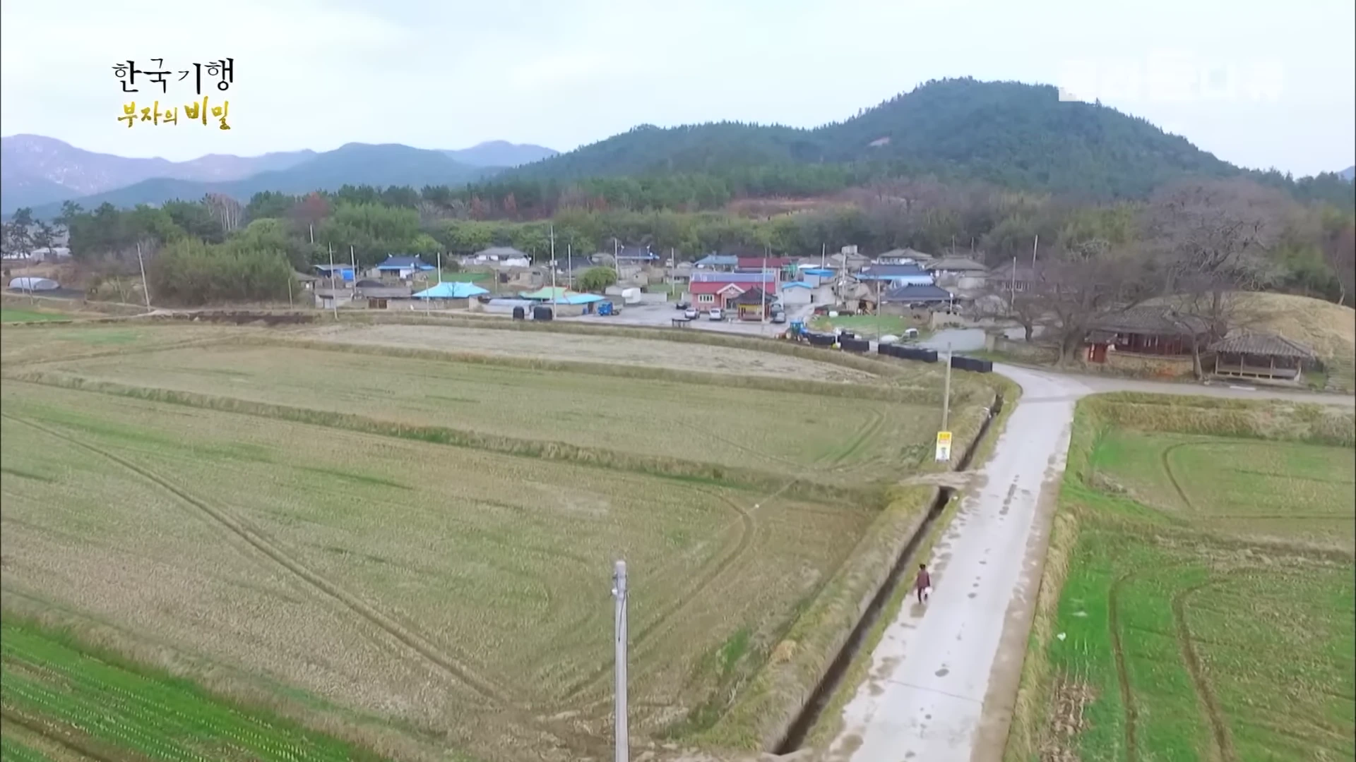 드넓은 논밭과 낮은 산으로 둘러싸인 한적한 시골 마을의 전경을 공중에서 내려다본 모습이며 도로 위로 한 사람이 걷고 있다.