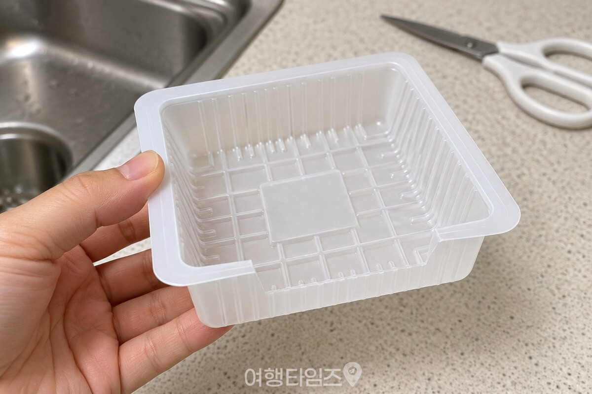 한 면을 낮게 잘라 입구를 만든 실제 한국 두부 통을 손에 들어 보인 모습 / 기사 이해를 돕기 위한 생성형 이미지