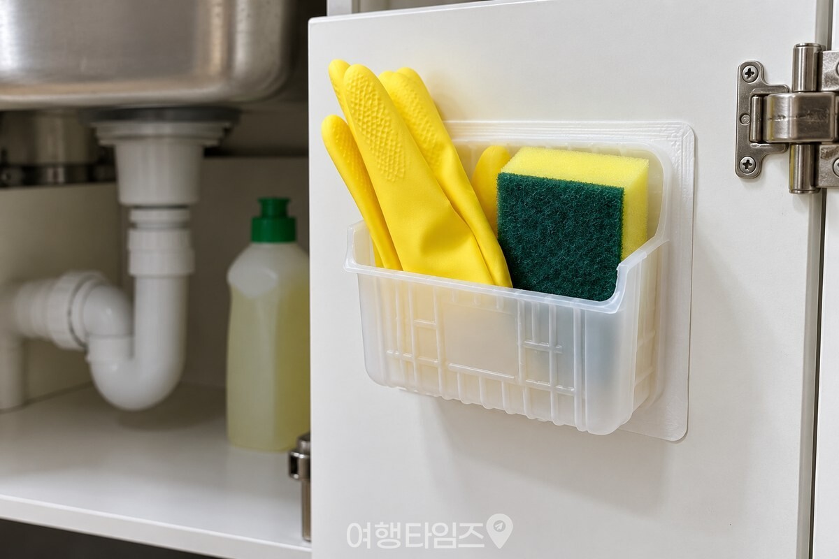 싱크대 하부장 문 안쪽에 붙인 정사각형 두부 용기 수납칸 / 기사 이해를 돕기 위한 생성형 이미지