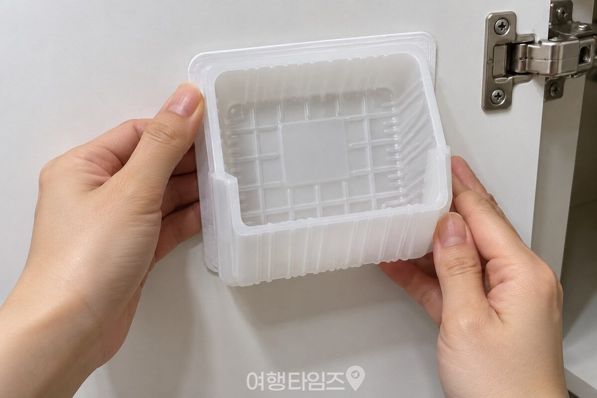 양면테이프를 두른 정사각형 두부 용기를 하부장 문 안쪽에 두 손으로 꾹 누르는 모습 / 기사 이해를 돕기 위한 생성형 이미지