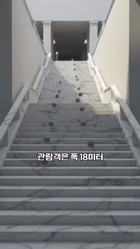 금수산태양궁전 내부로 이어지는 듯한 대리석 계단의 모습을 담은 영상 화면으로 계단 중앙에 '관람객은 폭 18미터'라는 문구가 흰색으로 적혀 있다.