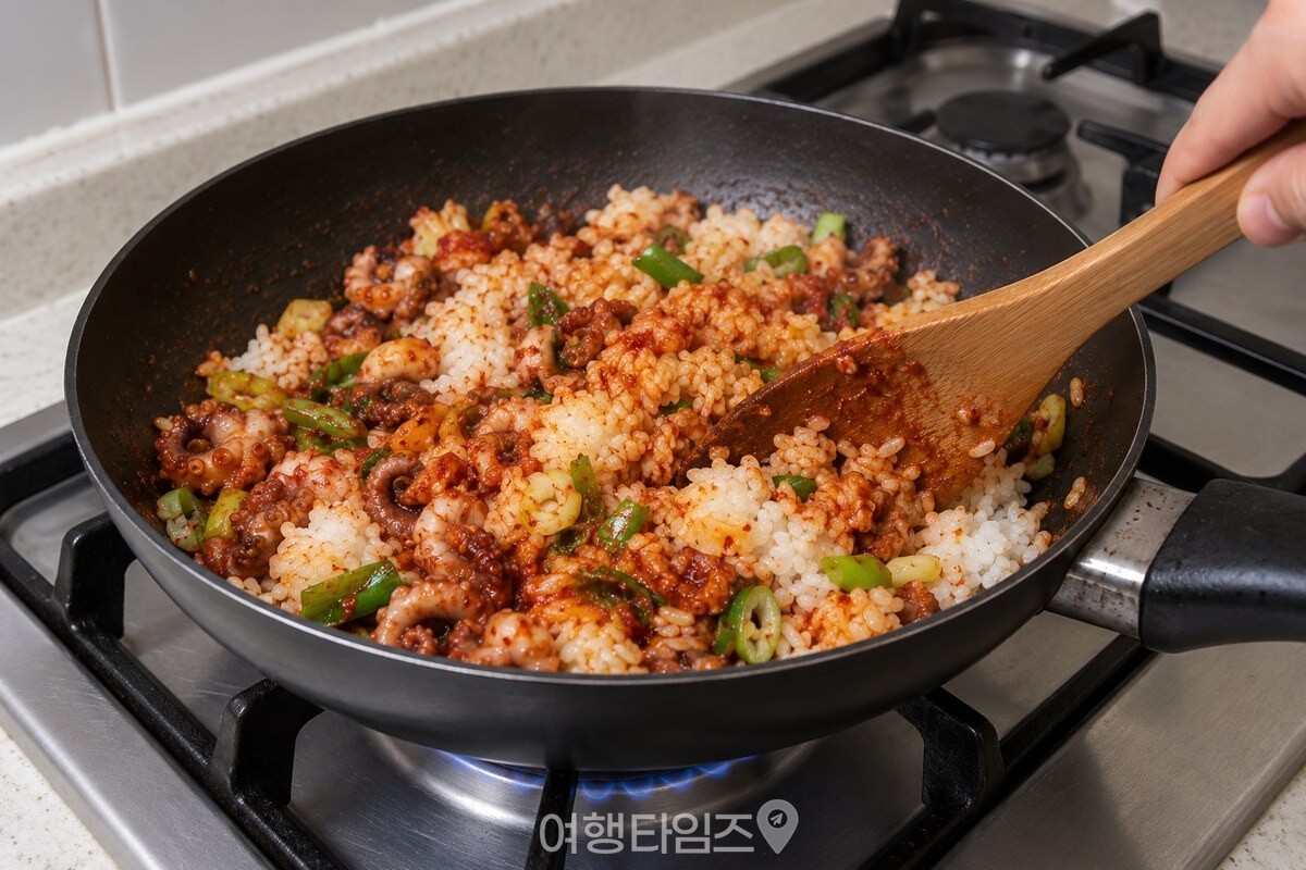 파기름에 낙지젓과 밥을 넣고 주걱으로 볶는 모습 / 기사 이해를 돕기 위한 생성형 이미지
