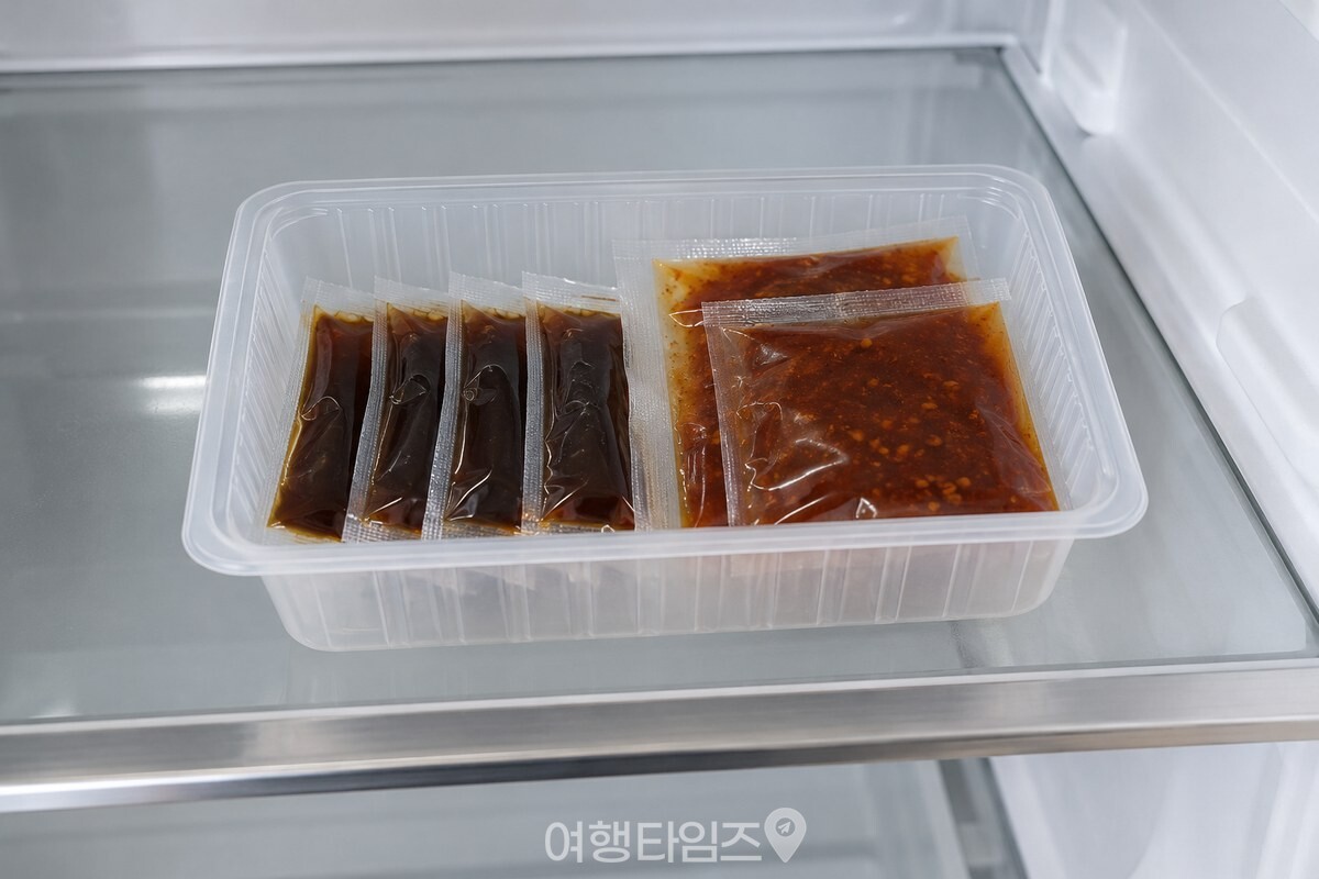 낮은 두부 용기에 펼쳐 담긴 크기 다른 소스 봉지 / 기사 이해를 돕기 위한 생성형 이미지