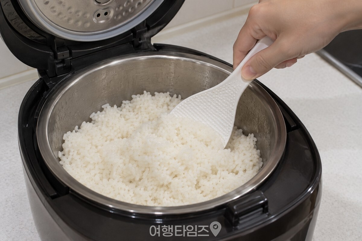 밥주걱을 세워 보온밥을 가볍게 섞는 손 / 기사 이해를 돕기 위한 생성형 이미지