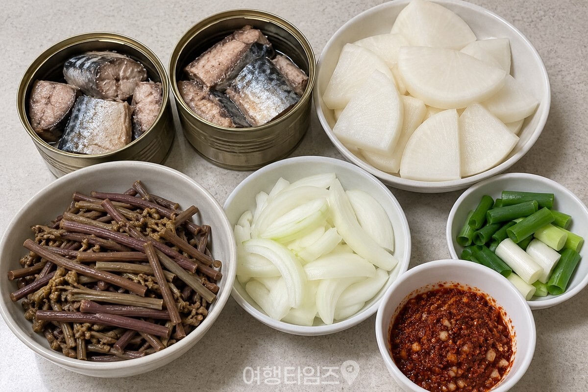 손질한 고등어 통조림과 고사리, 무를 준비한 모습 / 기사 이해를 돕기 위한 생성형 이미지