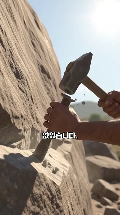 사람이 망치와 정을 이용해 거대한 바위를 내리치는 모습이 근접 촬영된 사진입니다.