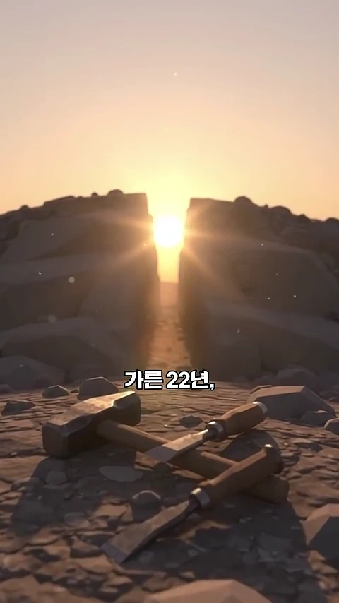 노을을 배경으로 거대한 암벽 사이가 갈라져 있는 통로 앞바닥에 망치와 정이 놓여 있고 화면 중앙에는 '가른 22년'이라는 글자가 적혀 있다.