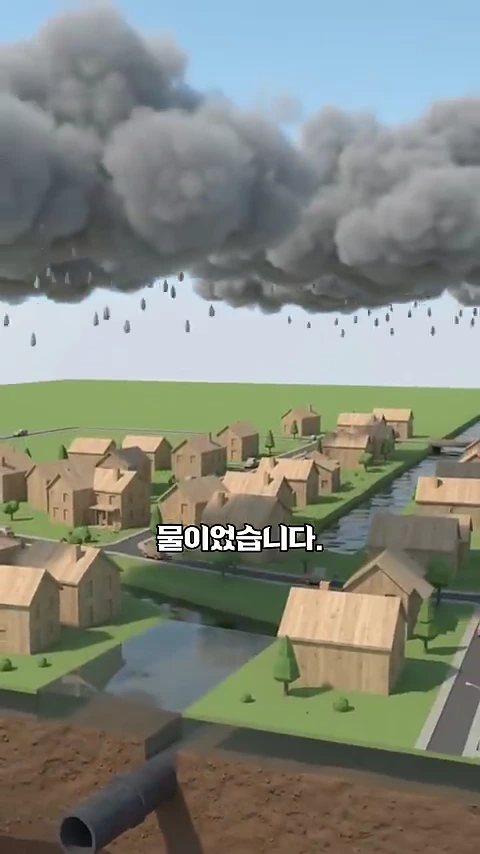 비가 내리는 하늘 아래 조성된 주택 단지 주변으로 수로가 흐르고, 지하 단면에는 파이프가 설치된 모습이 3D 그래픽으로 표현되어 있습니다.