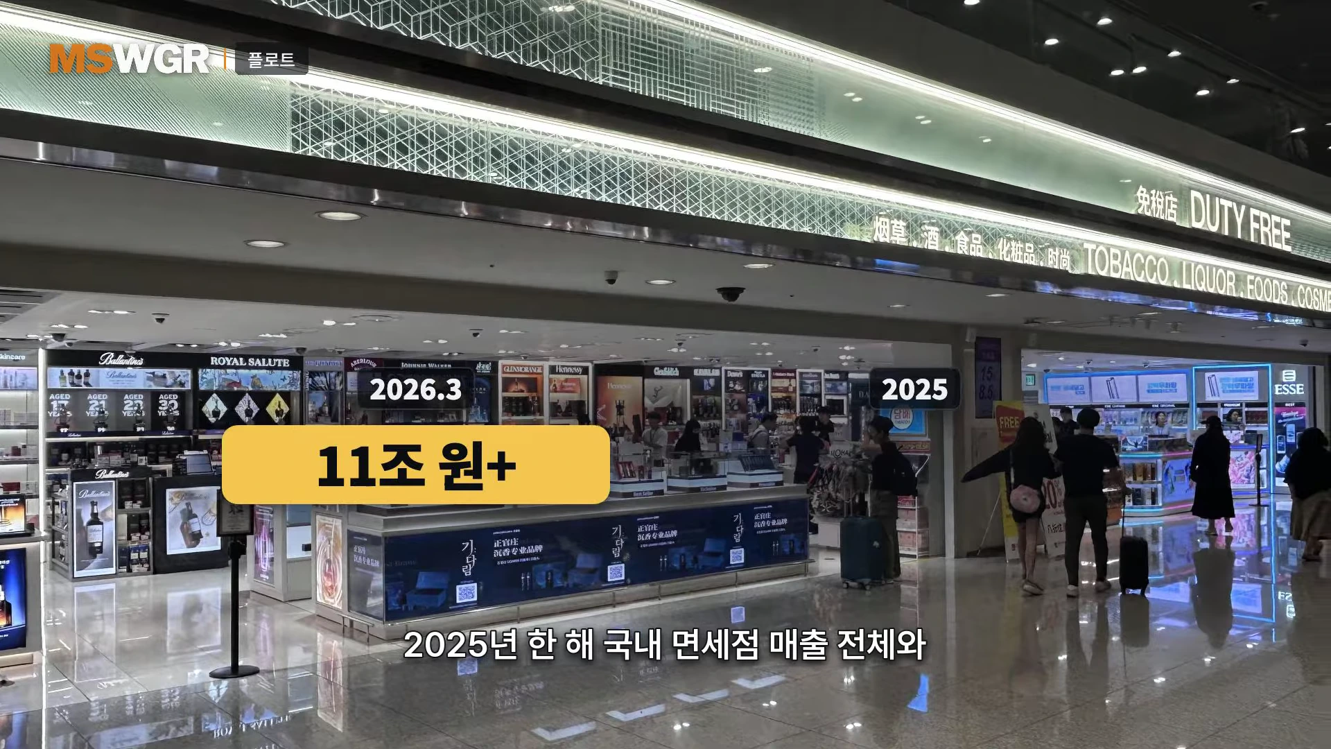 공항 내 면세점 매장의 전경과 함께 '11조 원+', '2026.3', '2025' 등의 숫자가 적힌 자막이 겹쳐져 있는 영상 화면.