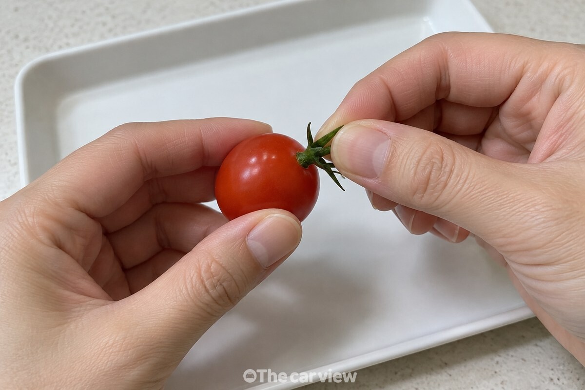 손가락으로 방울토마토의 초록색 꼭지를 비틀어 떼는 모습 / 기사 이해를 돕기 위한 생성형 이미지
