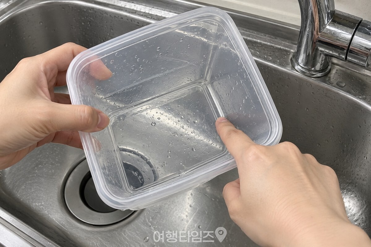 헹군 반찬통 바닥과 모서리를 손가락으로 확인하는 모습 / 기사 이해를 돕기 위한 생성형 이미지